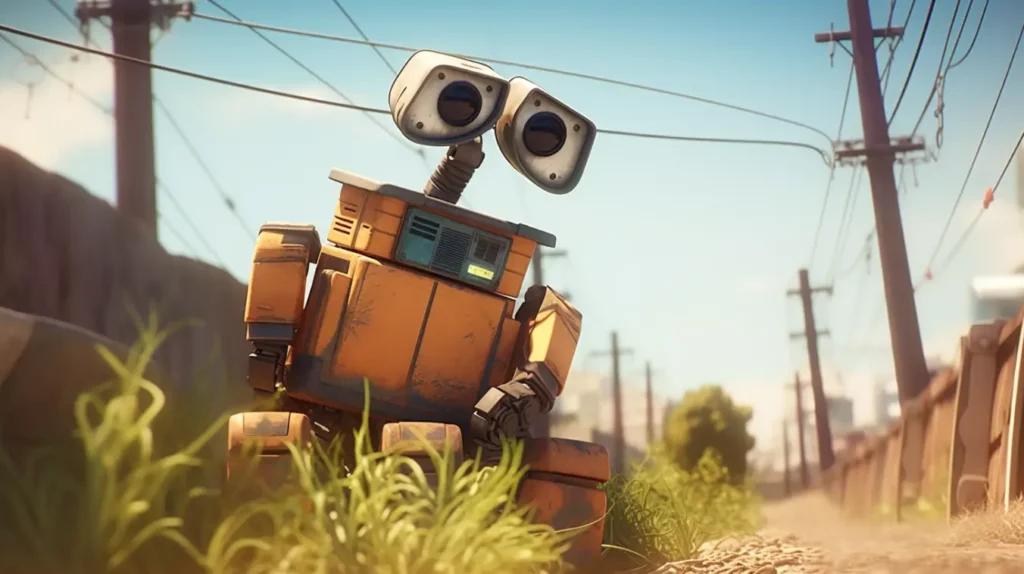 3d illustration, wall-e robot, electricity lines, high voltage, outdoors sunny day --ar 16:9 --v 5